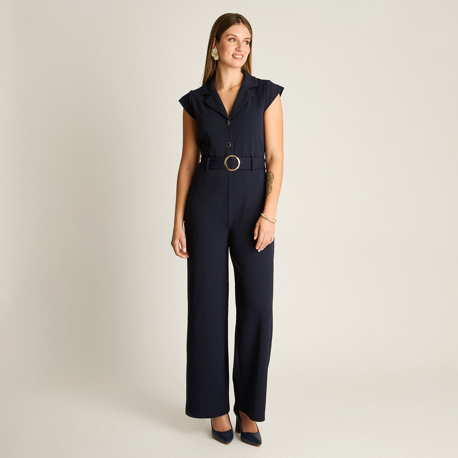 Enterito Azul Manga Corta Elasticidad Media Sin Forro Calce Normal Tela Plano